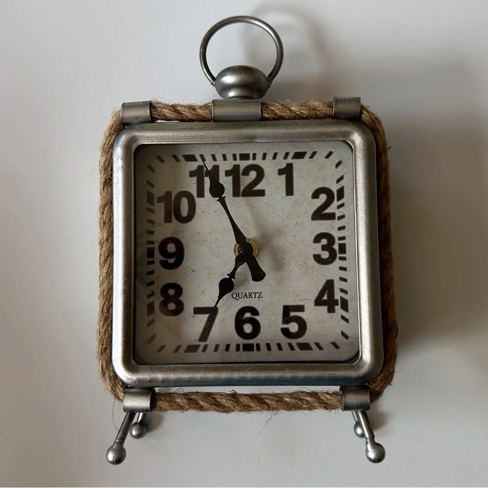 Farmhouse style analog desktop clock rope trim battery operated‎